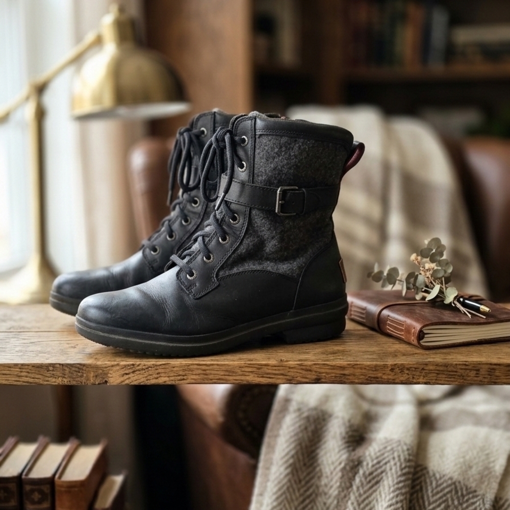 UGG Black Lace-Up Wool-Panel Combat Boots - Picture 1 of 7